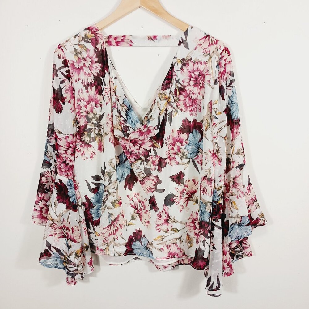 White House Black Market Size 6 Floral Top, Long Sleeve, Back w/ Draping, Boho - Picture 6 of 16